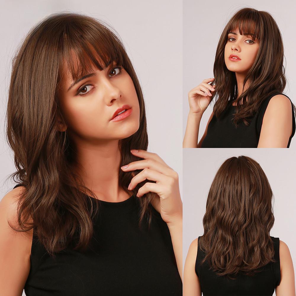 Women's Wig High Quality Dark Brown Natural Wave Long Curly Hair With Bangs Party Daily Wig