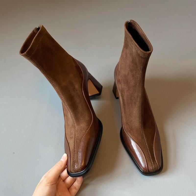 Square head thin boots women's splicing high-heeled short boots autumn and winter new rear zipper thin elastic fashion boots thick heel