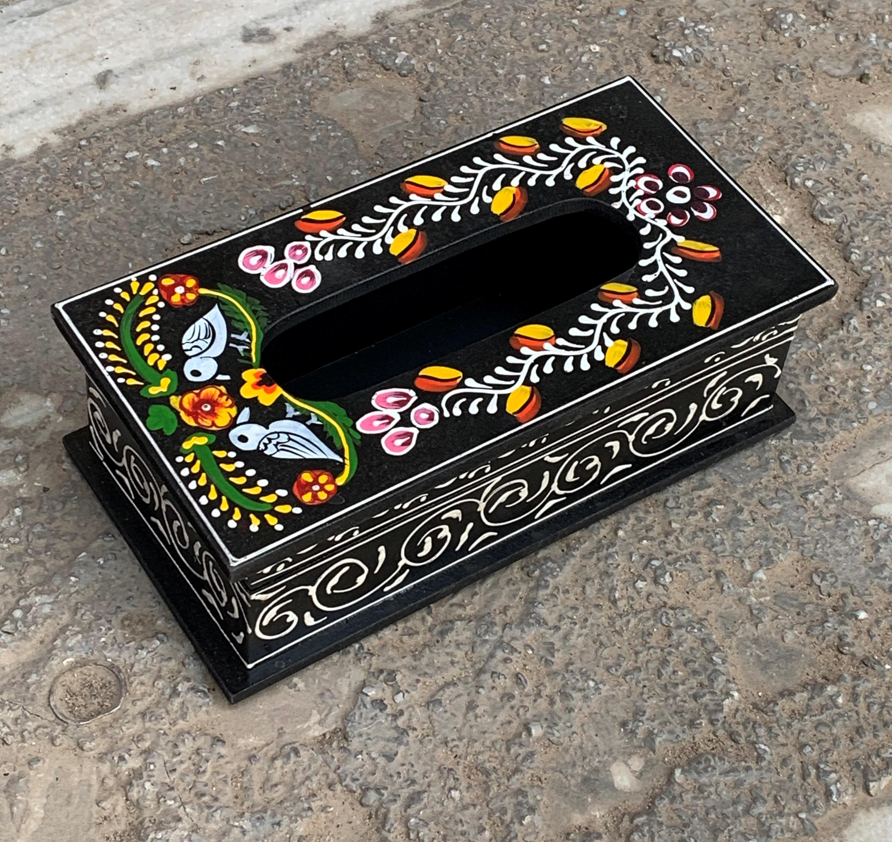 Handmade Wooden Tissue Box Hand Painted Indian Folk Art 3.5  x 10  x 5   (h x l x w) approx.