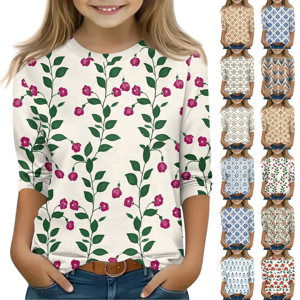 Print Tops For Youth Girls Round Neck 3/4 Sleeves T-Shirts Trendy Tops Outfit Tees