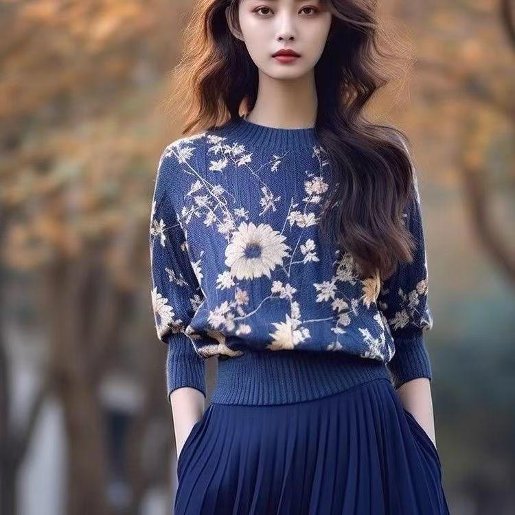 WTEMPO Women Long Sleeve Flower Pullover Sweater Soft Comfortable Jumper Fashion Knitwear Loose Sweater