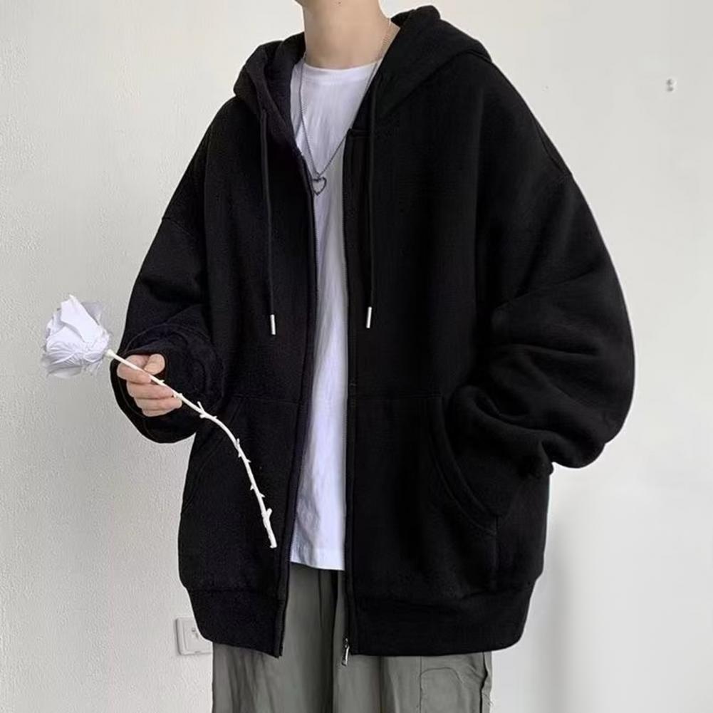 Men Fall Winter Hoodie Drawstring Loose Zip-up Long Sleeves Pockets Hooded Plus Size Cardigan Thin Pure Color Daily Wear Casual