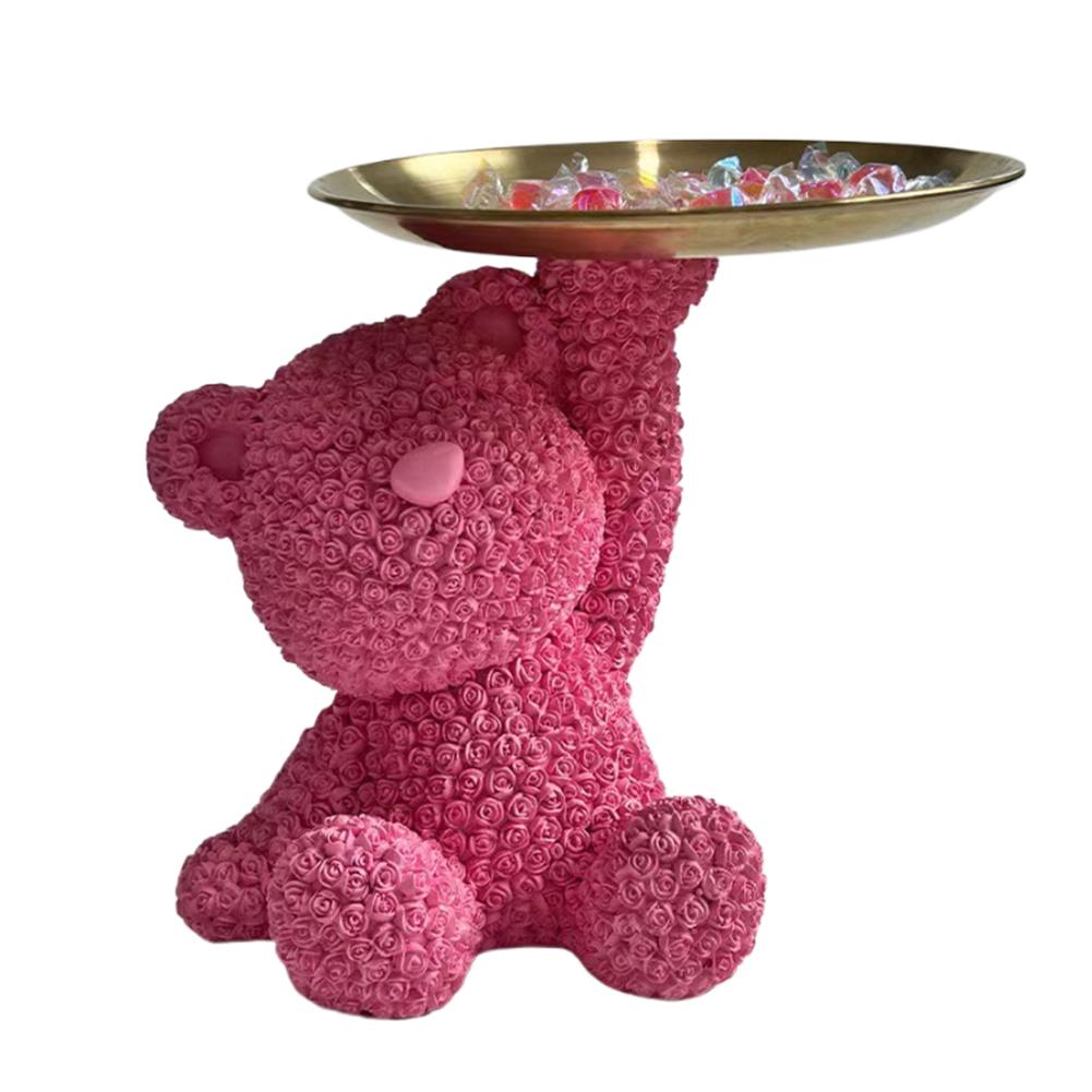 Roses Bear Storage Tray Key Candy Storage Ornament Exquisite Bear Statue Tray Decor Multifunction Bear Figurines for Home Decor