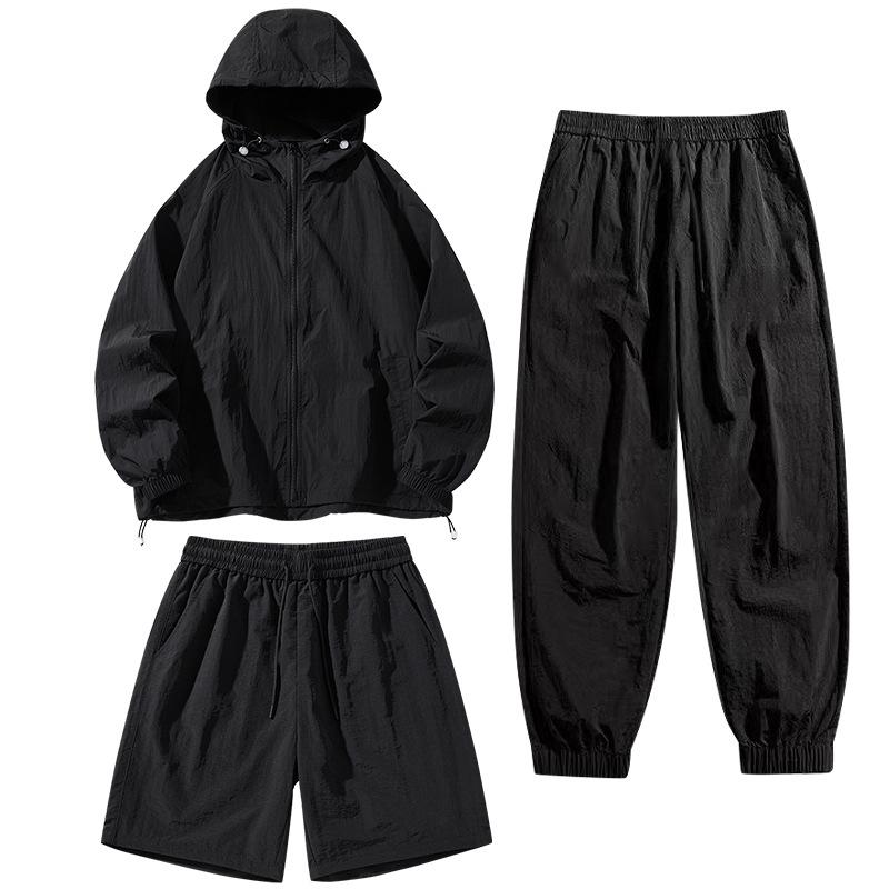 Summer Solid-color Casual Sun-protective Clothing Set with Hooded Thin Coat, Same Style for Both Men and Women, Three-piece Skinwear Set