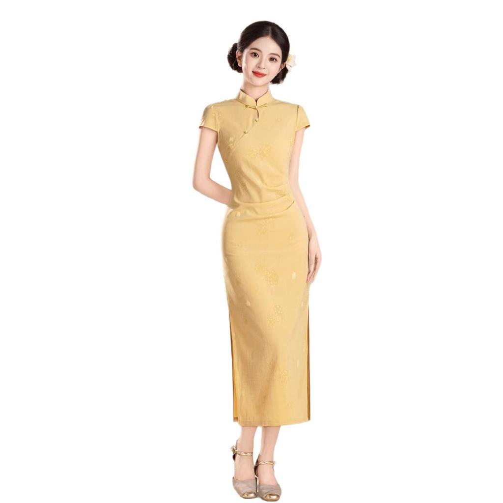 New Chinese style young yellow cheongsam bubble jacquard 1011 summer daily girly beautiful dress
