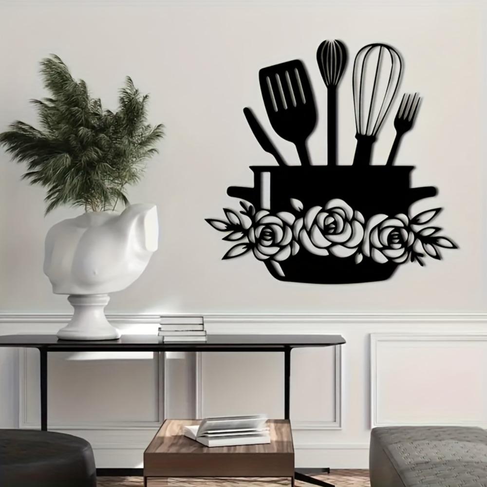 Metal Wall Art Kitchen Decor Black Iron Floral Utensils Durable Easy Install