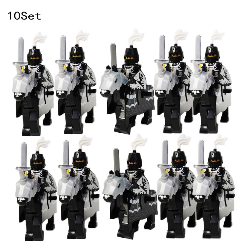 10 Sets Medieval Castle Knight Royal King's Red Dragon Black Warrior Soldier Rider with Horse Building Blocks Toys for Children