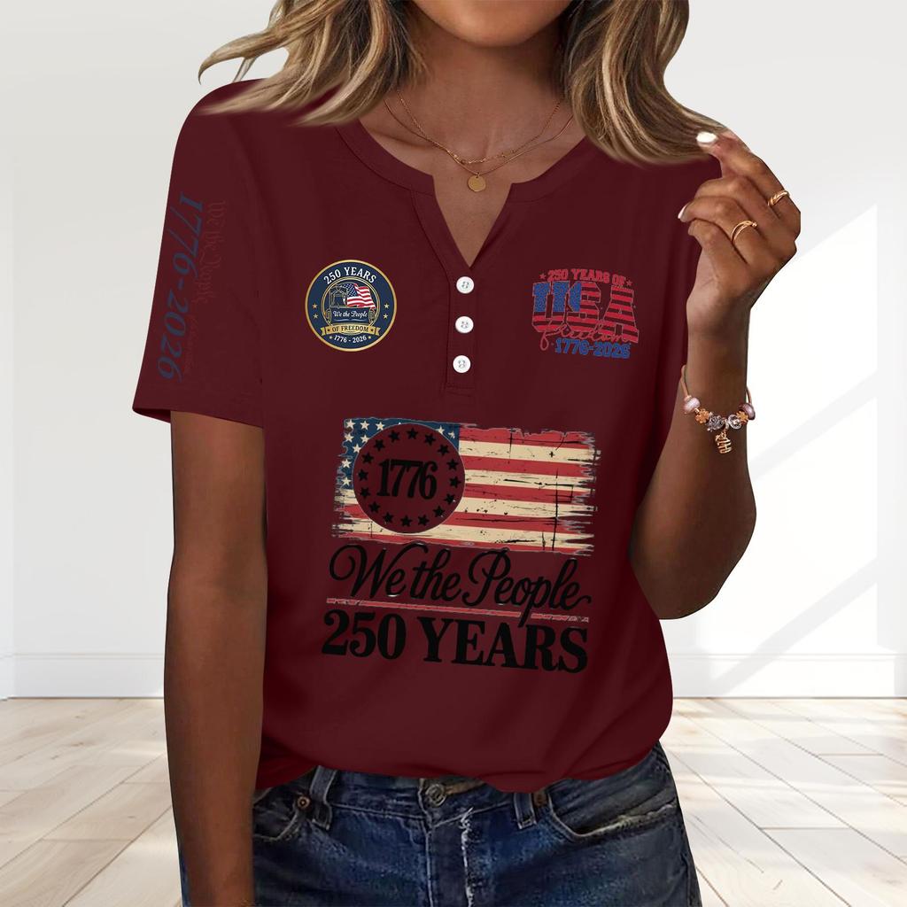 Women's Fashion Casual 250th Anniversary Independence Day Print V-Neck Short Sleeve Decorated Button-Up T-Shirt