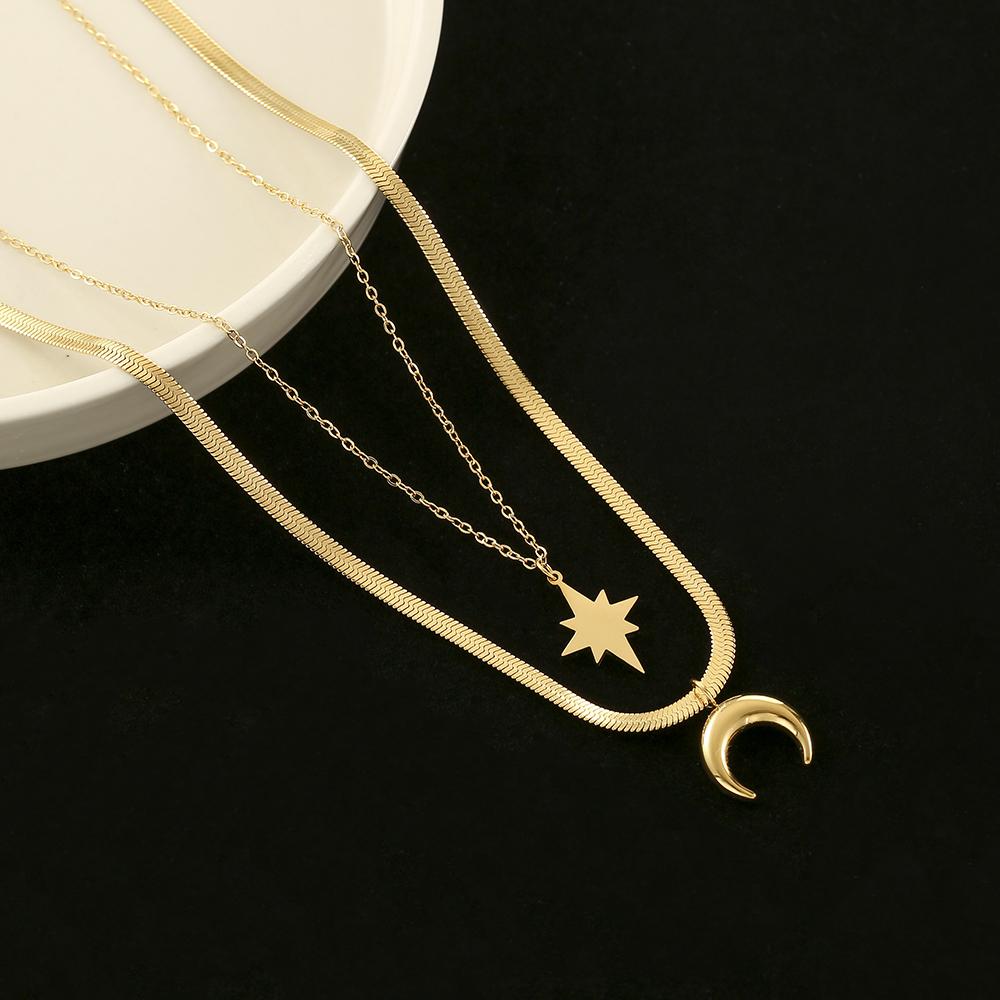 316L Stainless Steel New Fashion Upscale  2 Layer Crescent Moon Star Charms Chain Choker Necklaces & Pendants For Women