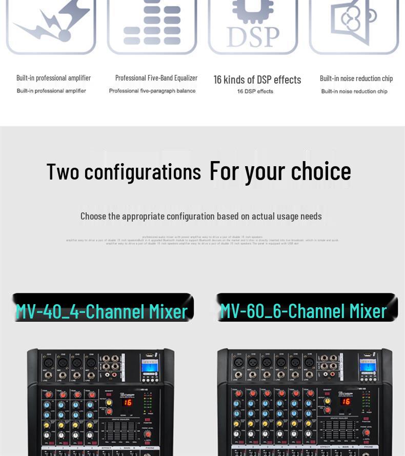 All-in-One 4/6 Channel Professional Mixer Amplifier with High Power, Reverb, and Equalizer for Stage and Wedding Performances