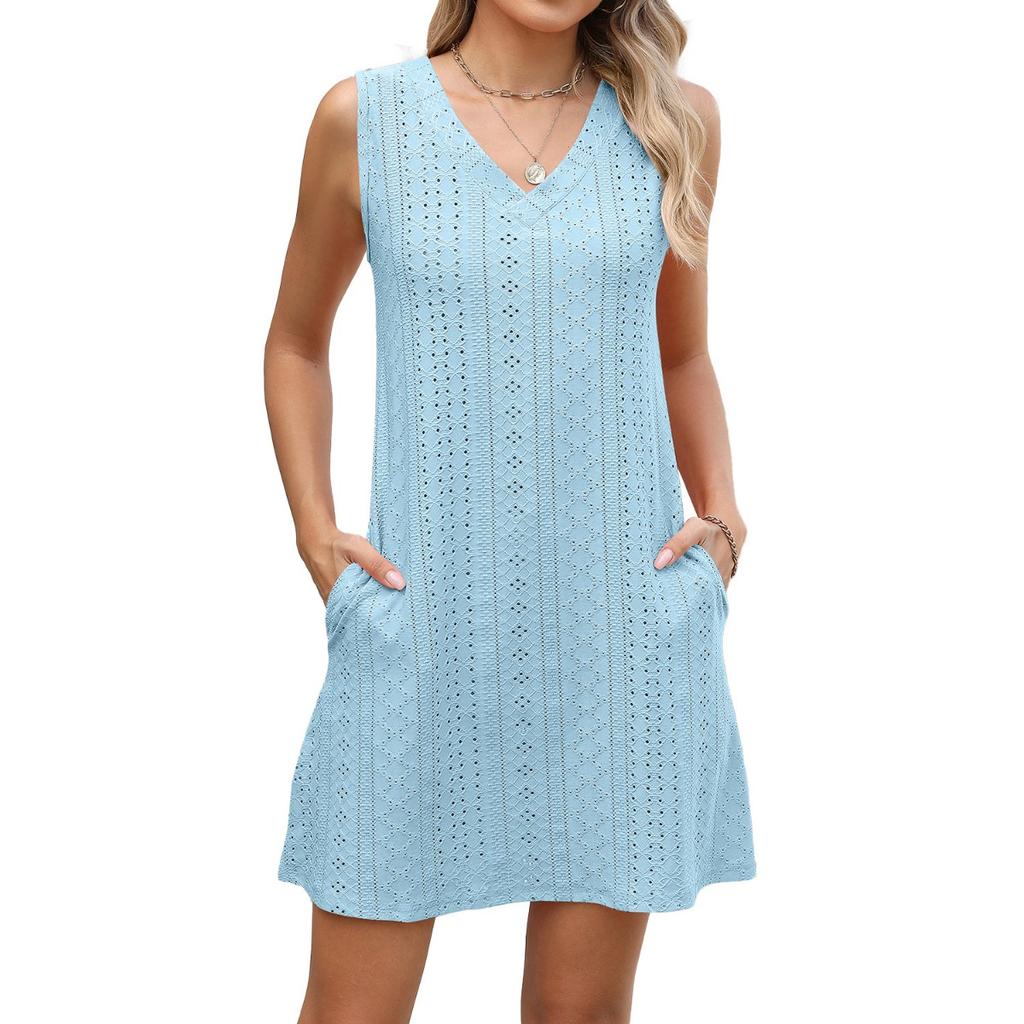 New Women's Solid Color V-neck Palace Lace Casual Pocket Summer Dress for Cross-border Europe America