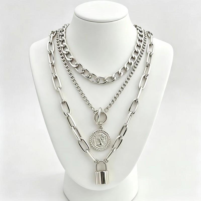Luxury Style Womens Necklace Set 3-layer Round Pendant OT Clasp Fashion Jewelry