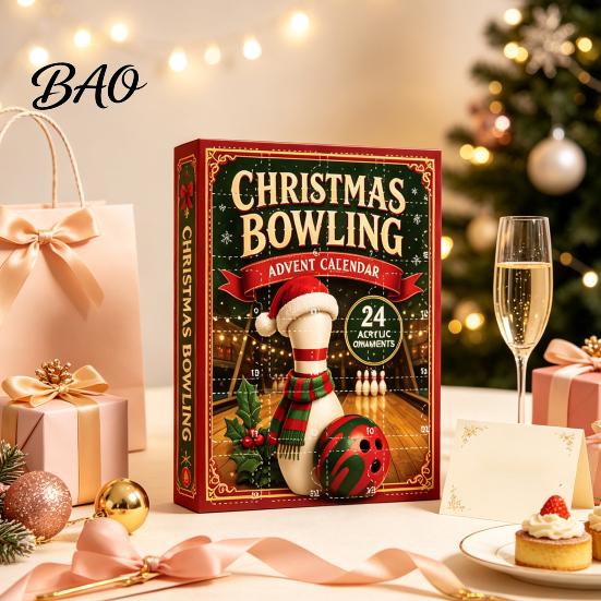 Indoor Festive Wall Hanging Decor Christmas Advent Calendar with 24 Acrylic Pendants, 2D Flat Bowling Theme Unique Gifts for Bowlers Ornaments Holiday