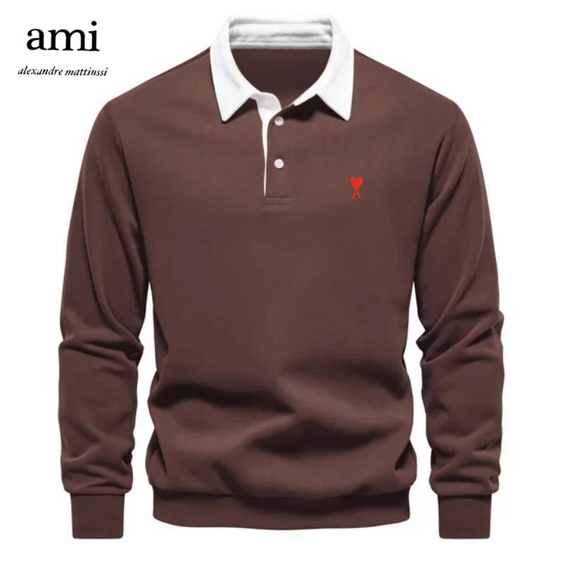 

Вишита чоловіча футболка поло з довгим рукавом з чистої бавовни AMI 2025 для осені та зими M