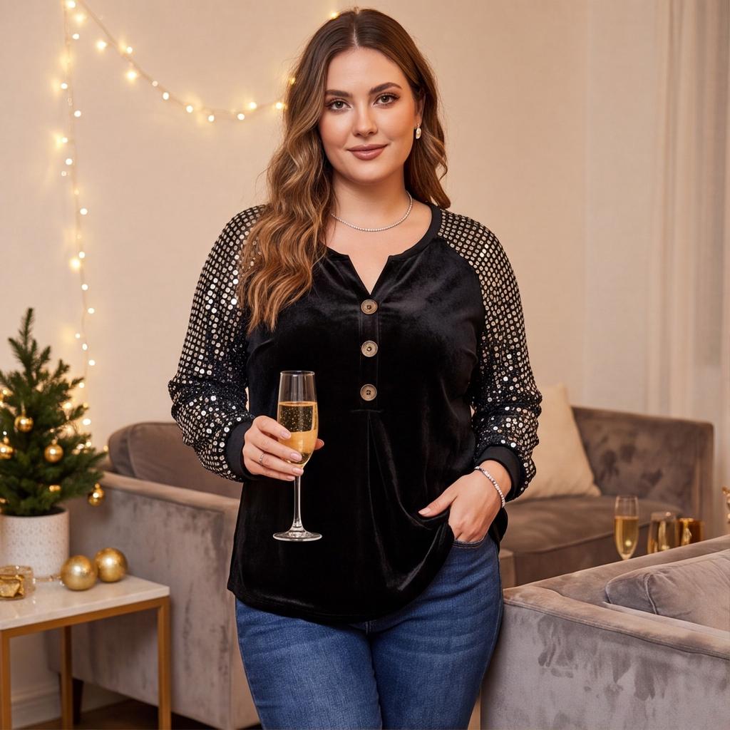 Women's V-Neck Long Sleeve Blouse with Sequins and Button Front for Casual Wear