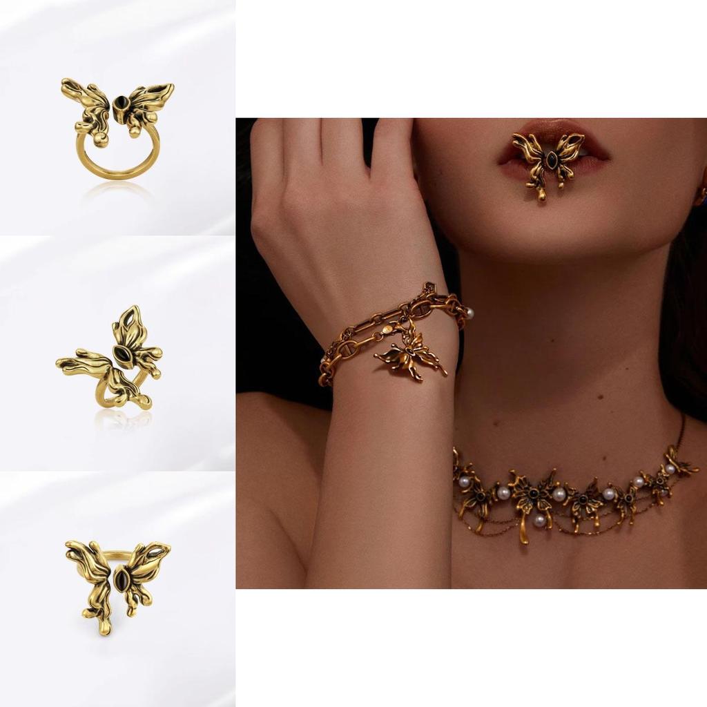 Sophisticated Black Agate Butterfly Ring For Women Unique Adjustable Copper Accessory Fashion