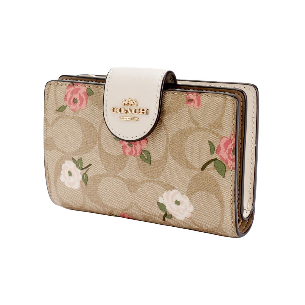 Coach Corner Zip 13 Floral Print Logo Coated Canvas And Leather Wallet Women Wallet Gold Light-Khaki Multicolor CR968-IMOTV