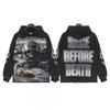 Unisex Vintage Washed Hoodie With Skull Print Loose Fit Streetwear Cotton Sweatshirt Men Women