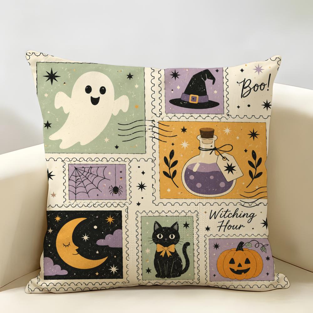 Spooky Cute Halloween Ghost Cat Cushion Cover Natural Linen Fabric Double-Sided Printing Breathable Perfect For Home Decor