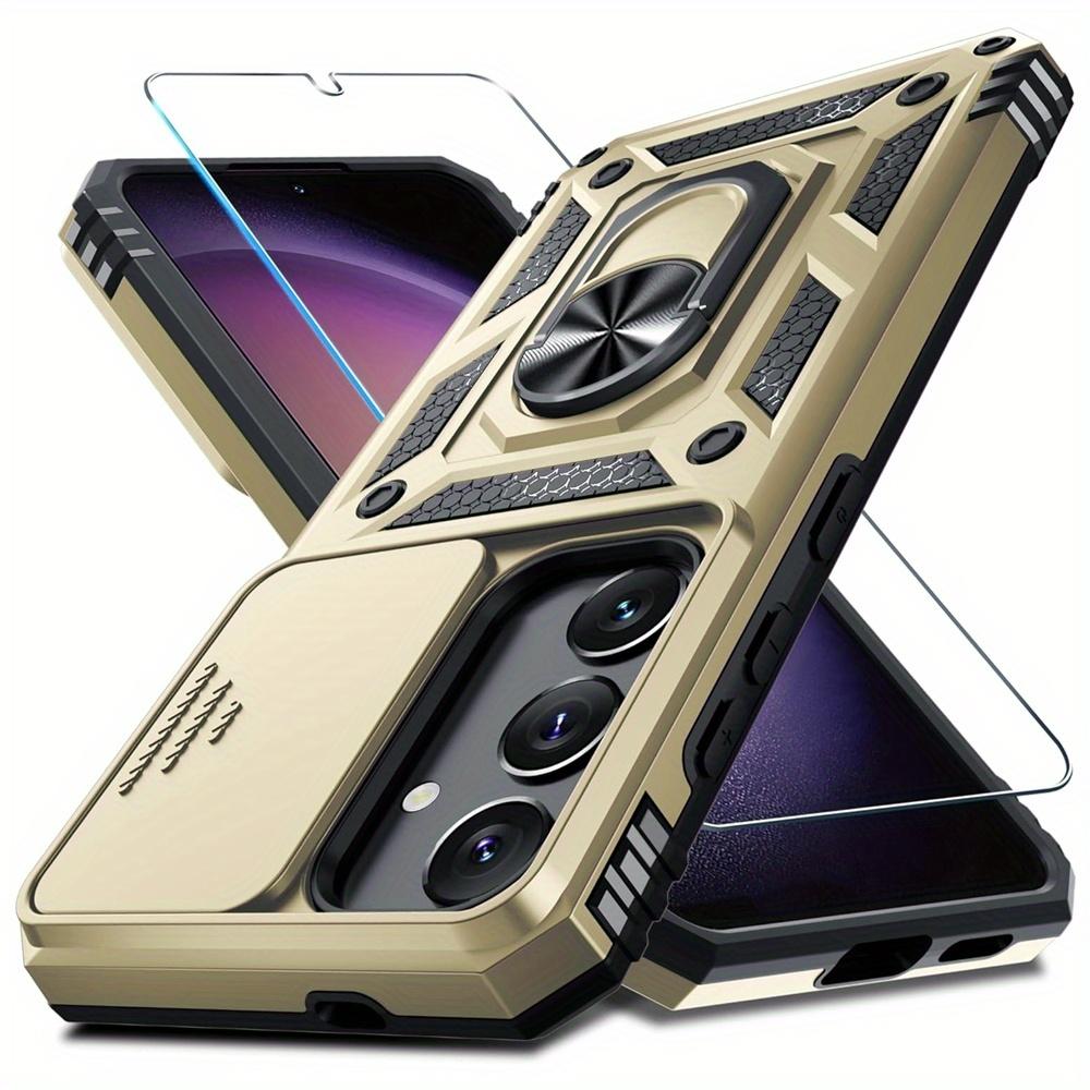 Schutzhülle für Samsung Galaxy S25 S24 Ultra S23 Plus S22 S21 S20 FE 5G mit einem Displayschutz aus gehärtetem Glas, Ring-Kickstand, Schiebekameraabdeckung
