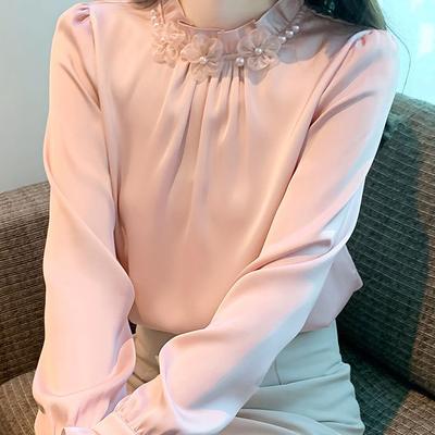 French Standing Neck Chiffon Shirt for Women's Long Sleeved Autumn Clothing Unique and Beautiful Temperament Top