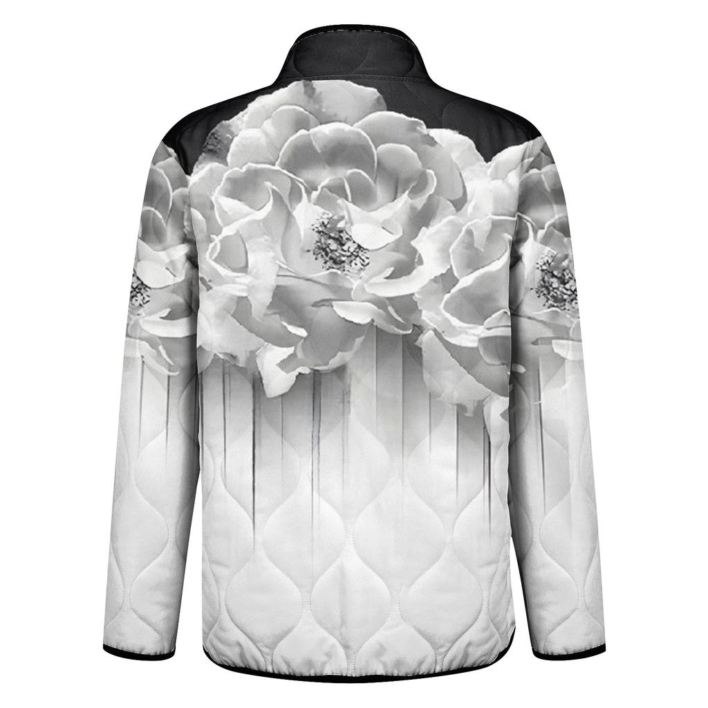Women's Floral Print Stand Up Collar Pleated Cotton Long Sleeved Button Cotton Jacket