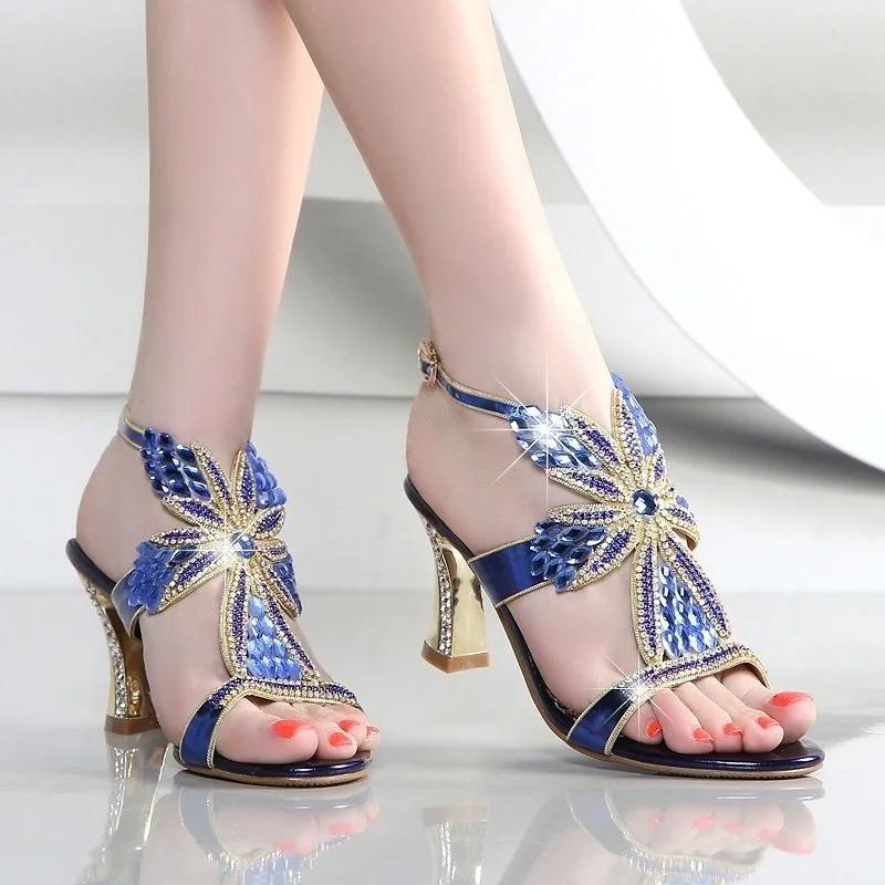 fashion Women Genuine Leather Fashion Sandals Pumps Summer Rhinestone High Heel Wedding Party Shoes Crystal Open-toe Sandals