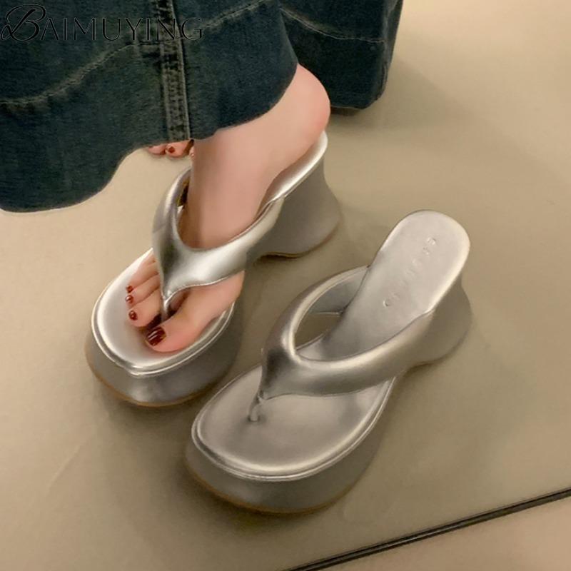 Platform High Heels Slippers Women Flip Flops Shoes Woman Wedges Sandals 2025 Trend Dress Square Toe Pumps Summer Slides Mujer