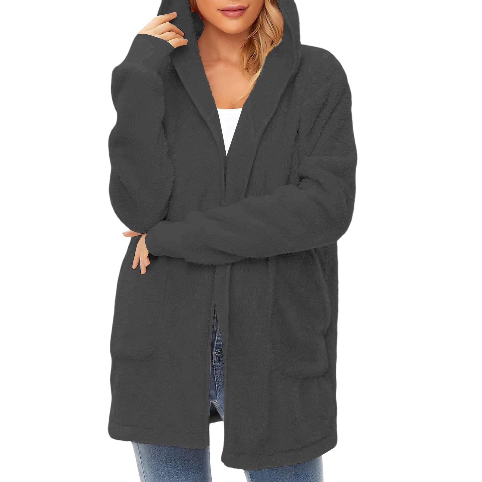 

Women s Casual Fleece Lined Hooded Cardigan Solid Color Long Sleeved Coat L