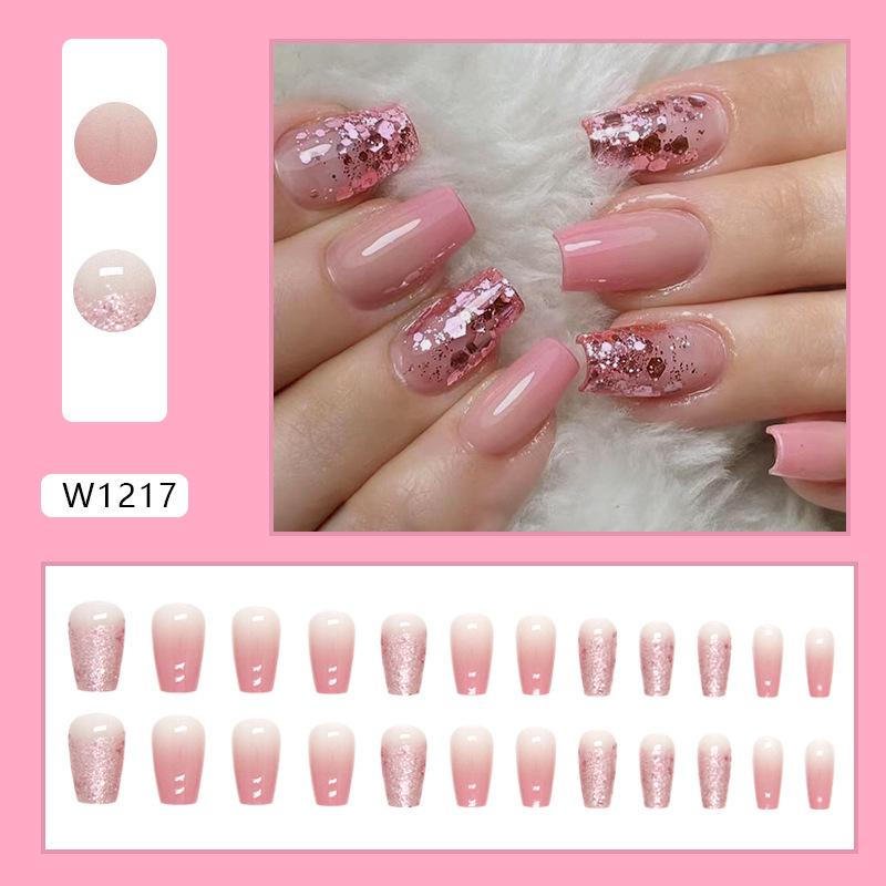 Short ballet gradual change less glitter powder manicure pure desire sweet less manicure fake nail wearable manicure