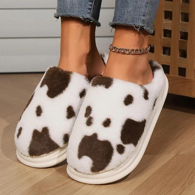 Fashion Women's Plush Slippers Winter Indoor Casual Keep Warm House Slides Fashion Soft Sole Woman Closed Toe Thick Bottom Cotton Shoes