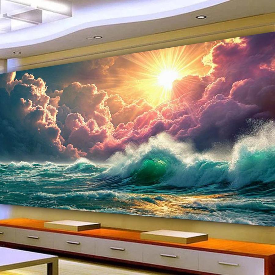 Sunrise Sea Scenery Large Size Diamond Painting Cloud Waves Diy Full Square Round Drill Rhinestone Embroidery Mosaic Cross Stitch Kits Wall Decor