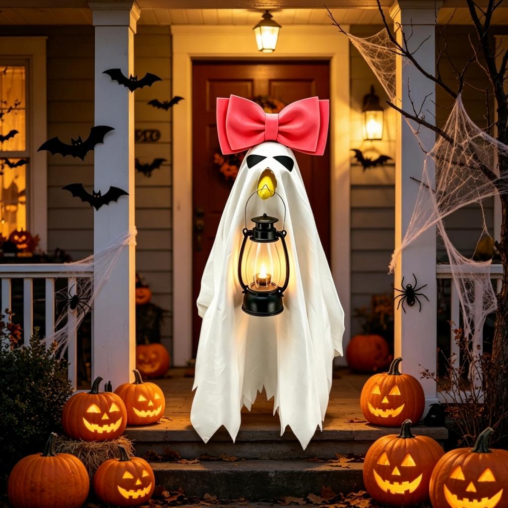 Halloween 23inch Ghost Porch Goose Costume With Bowknot LED Lantern, Scary Halloween Ghost Costume For Lawn Goose Statue Yard Decoration