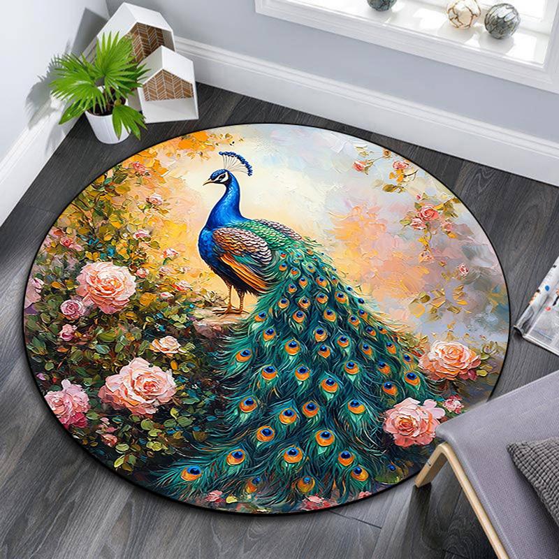 Peacock Garden Round Area Rug,Carpet Rug for Living Room Bedroom Sofa Playroom Decor,Non-slip Floor Mat