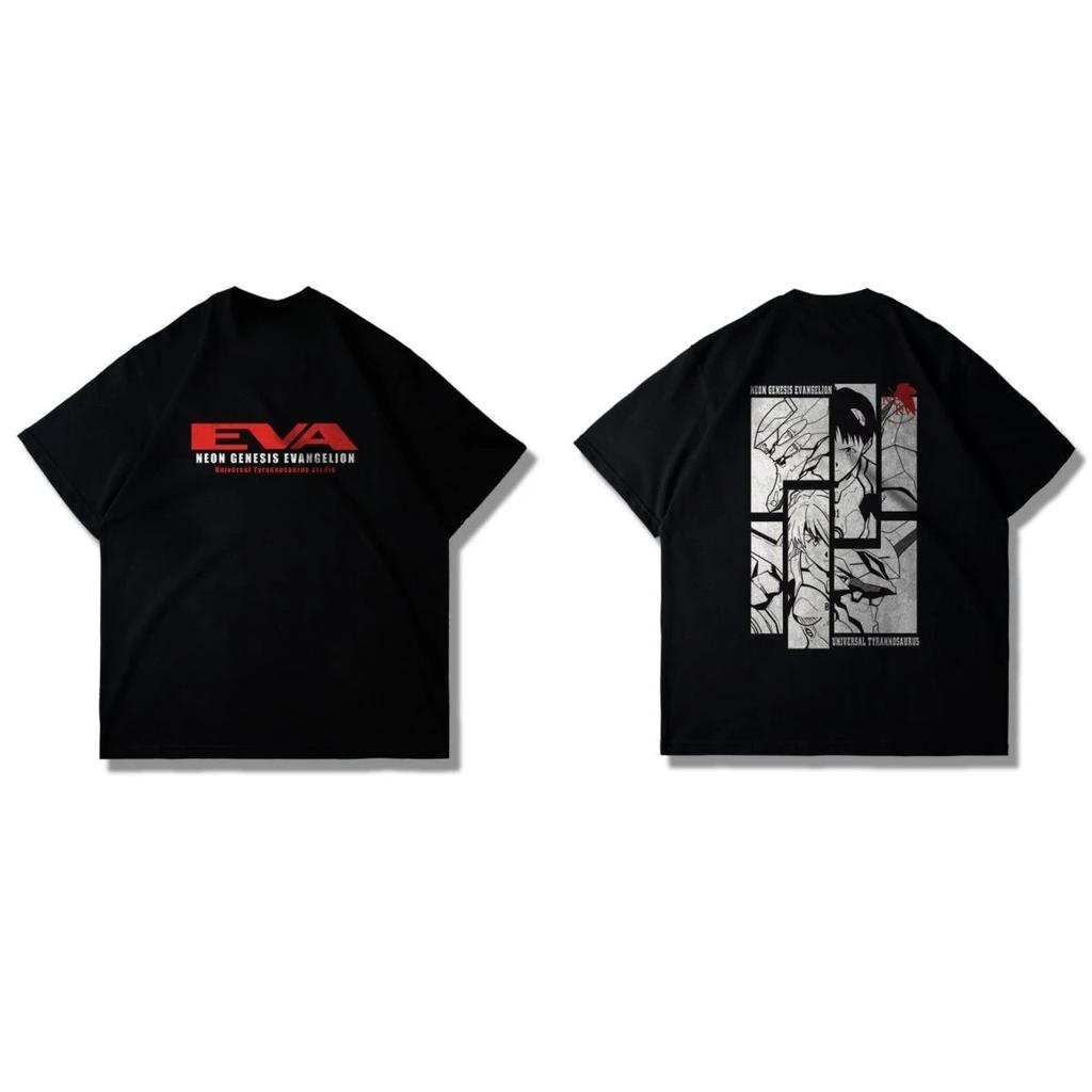 Stylisches Schwarzes Baumwoll-T-Shirt mit Neon Genesis Evangelion EVA-Logo und ikonischen Einheiten 00/01/02 Print für Damen und Herren