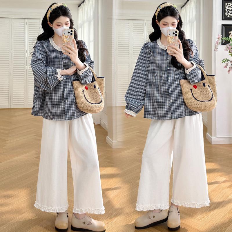 2026 Spring Korean Maternity Plaid Top & Lace Pants Set M