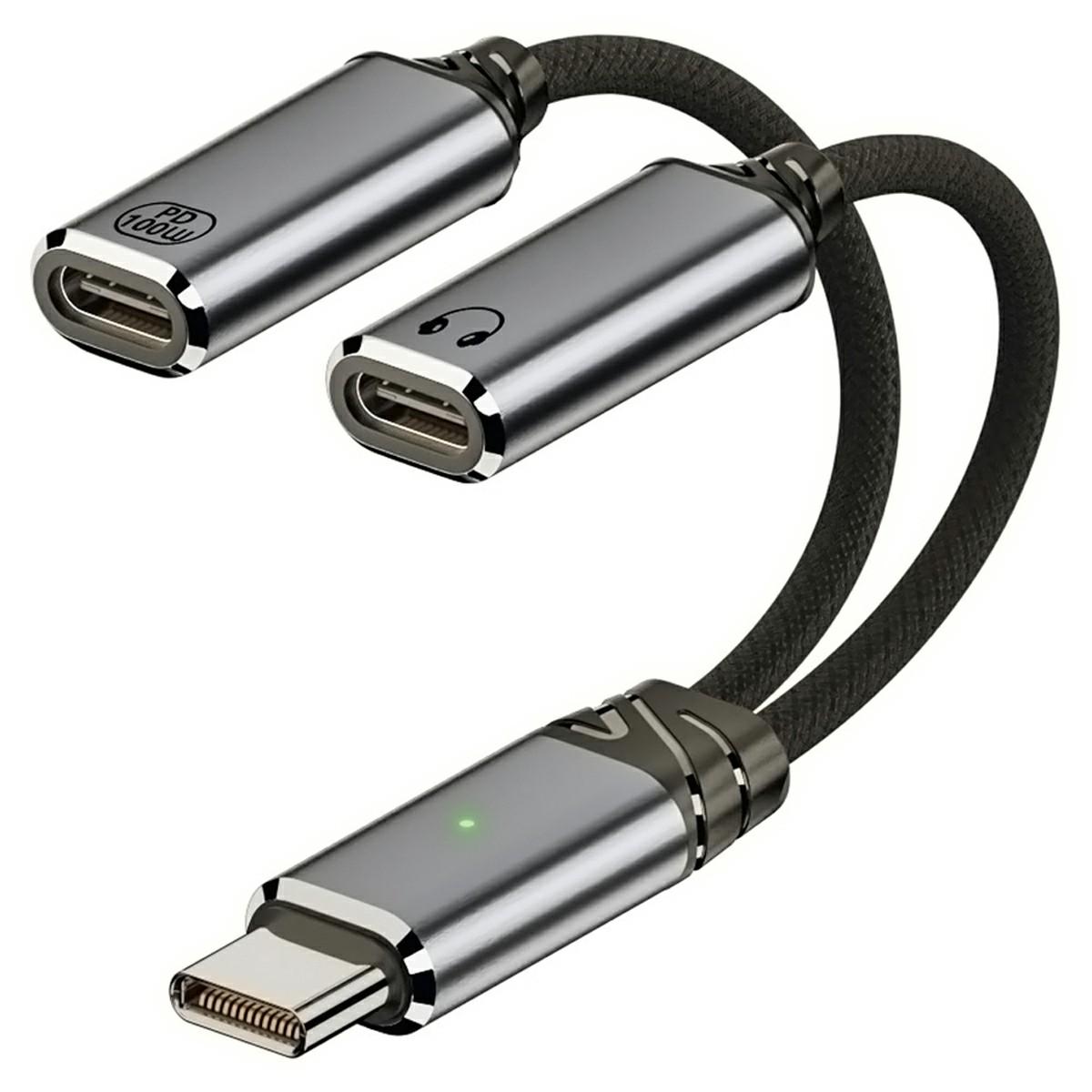 

UC-030-TC001 Кабель USB-C (тато) до подвійного гнізда, аудіо ЦАП AUX/100 Вт PD для ноутбука/планшета/телефону As Shown A