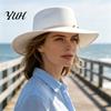 Retro Flat Top Hat Hat, Wool Felt Pork Pie Bowler with Elegant Metal Ring, Wide Brim Trilby for Women Men Autumn Winter Warm Fedora