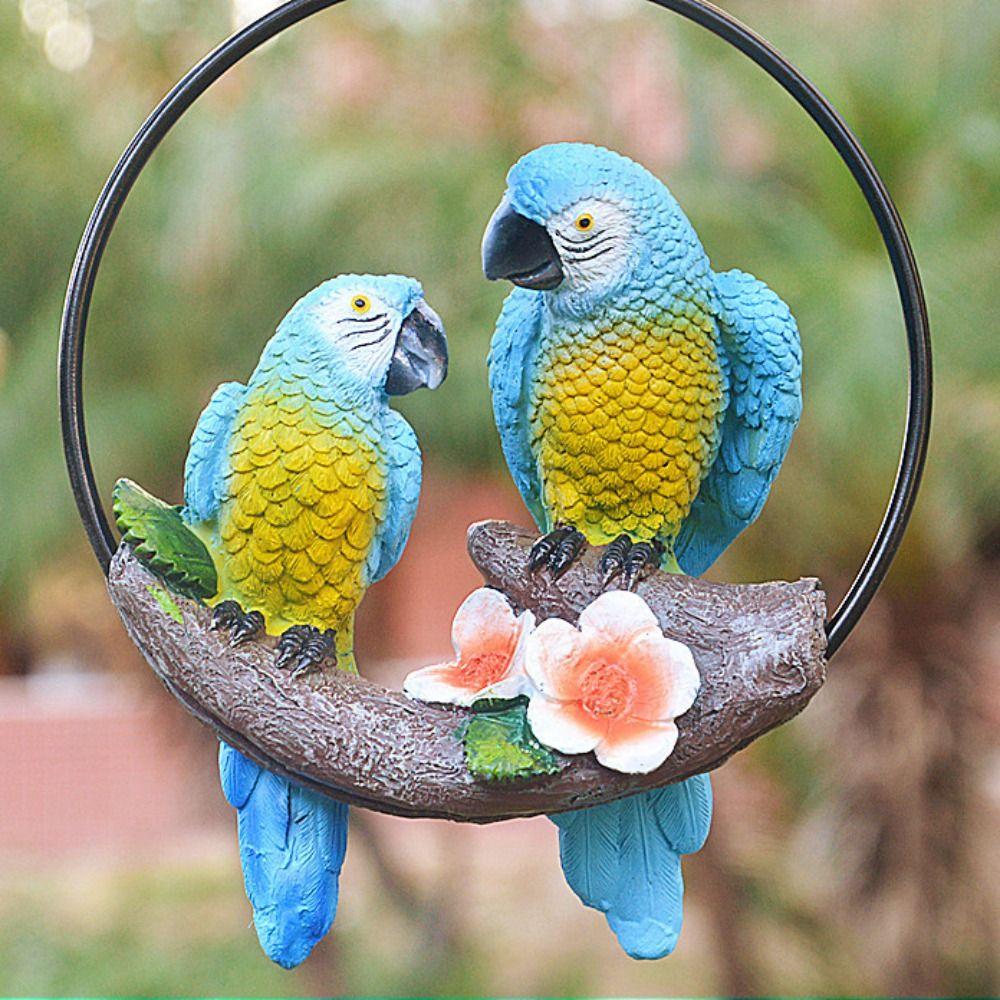Iron Circle Double Parrot Pendant Cute Animal Sculpture Figurine Crafts Bird Statue  Lawn