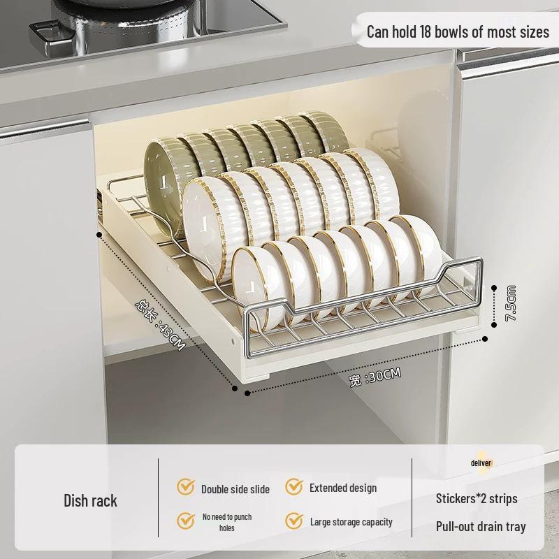 Stainless Steel Pull-Out Dish & Bowl Storage Rack for Kitchen Cabinets