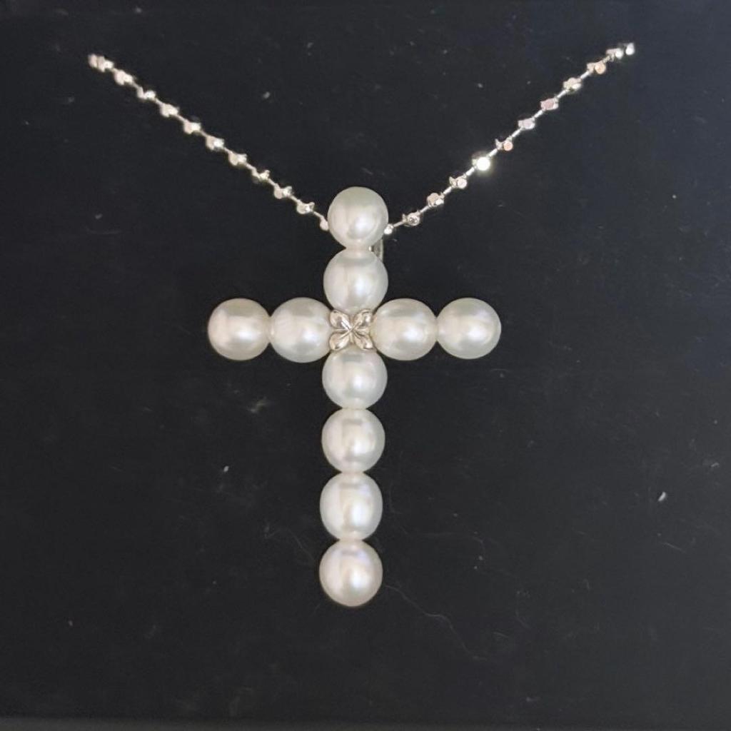 Used TASAKI Silver Pearl Cross Necklace 925