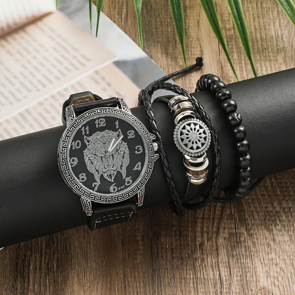 Men's leather wristband with tiger head beads and numbers; no gift box included.