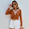 Women's Lace Spliced Long Sleeve Chiffon Shirt  Lady Solid V-Neck T-shirts Women Clothing