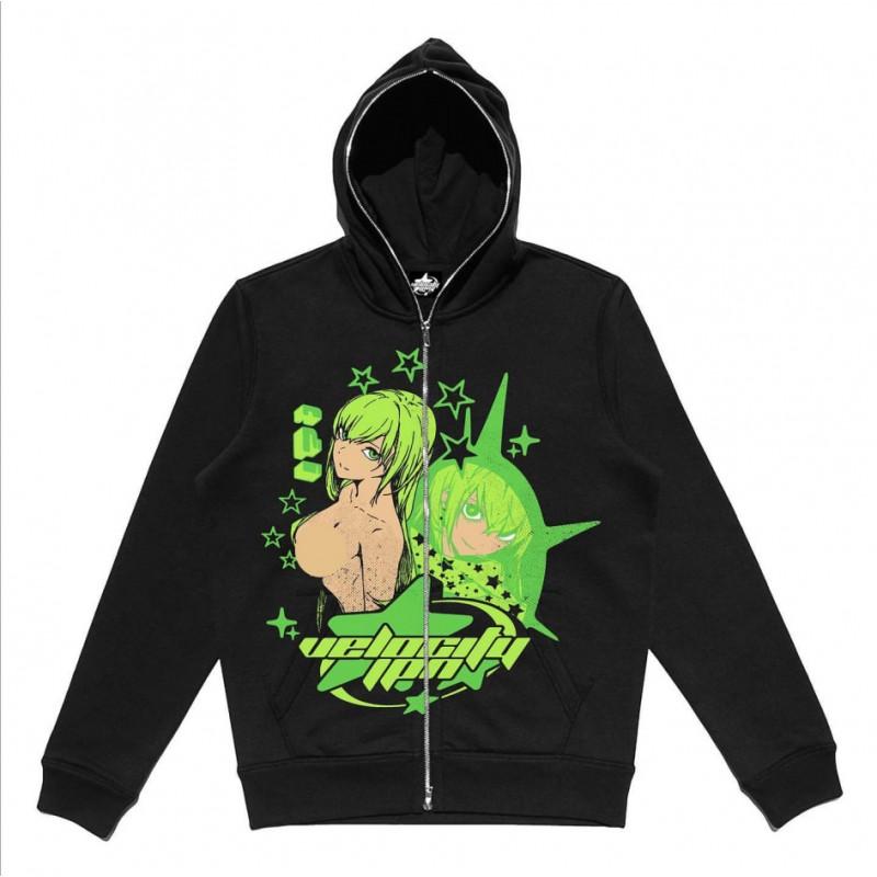 Oversized Y2K Streetwear Hooded Zip-Up Sweatshirt Men Women Loose Fit Graphic Print Long Sleeve Pullover