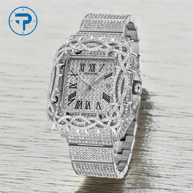 Y2k Watch For Men Fashion Luxury Gold Square Diamond Full Sky Star Male Clock Watches New Skeleton Flower Quartz Wristwatch