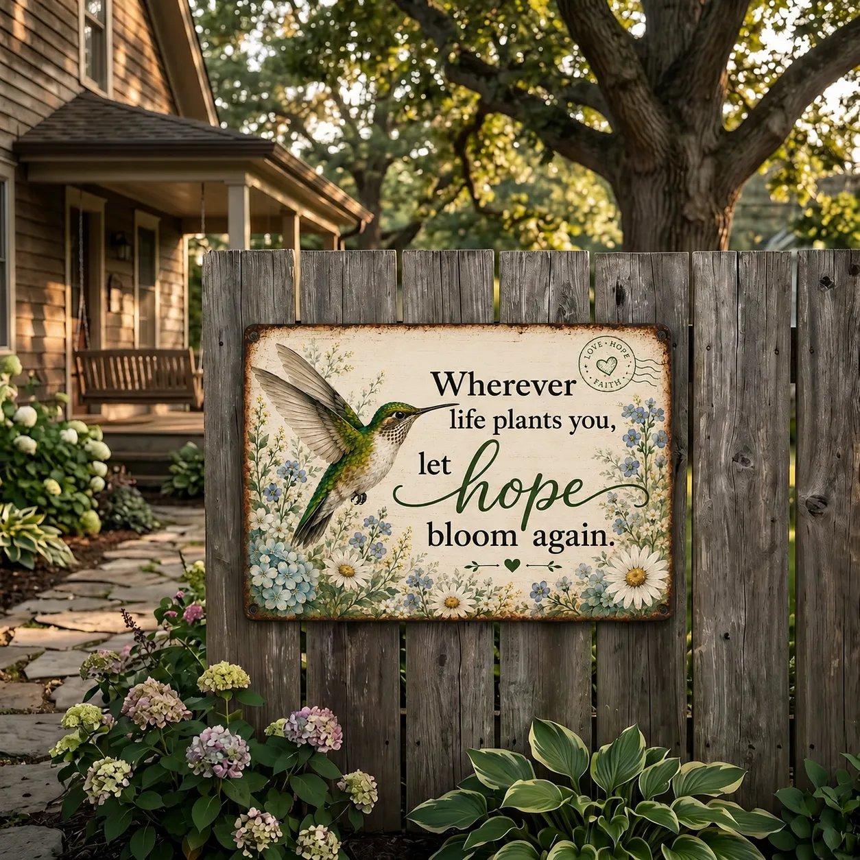 Metal Garden Sign Decorative Plaque with Inspirational Quote Wherever Life Plants You Let Hope Bloom Again for Indoor Outdoor Use One Size