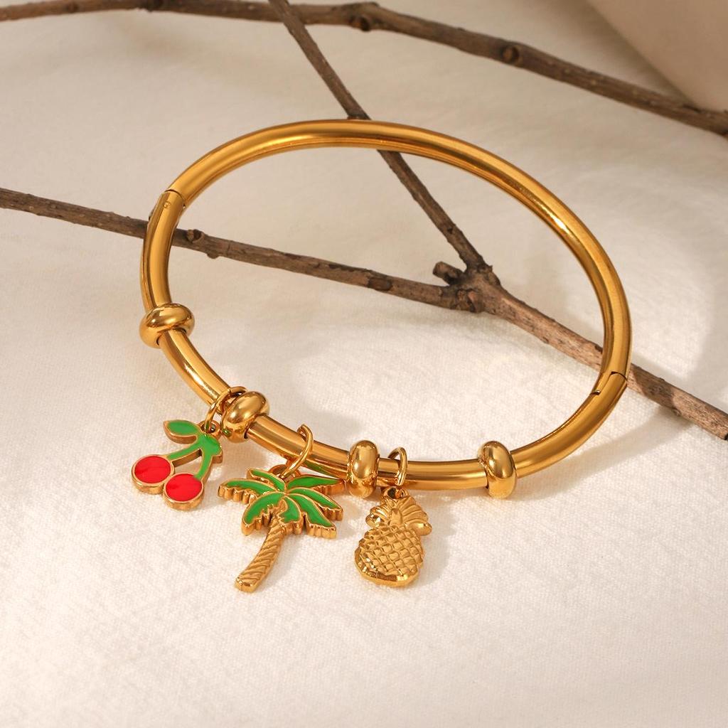 18K Gold Stainless Steel Pineapple Cherry Pendant Bracelet - Non-Fading Titanium Steel DIY Jewelry