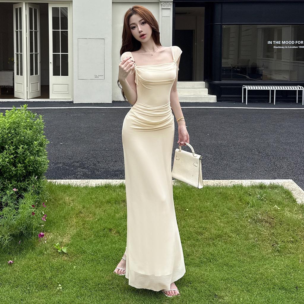 French Sleeve Slim Fit and Thin Pleated Swinging Neck Dress Women's Summer Vacation Temperament Pure Desire Wind Hip Long Skirt