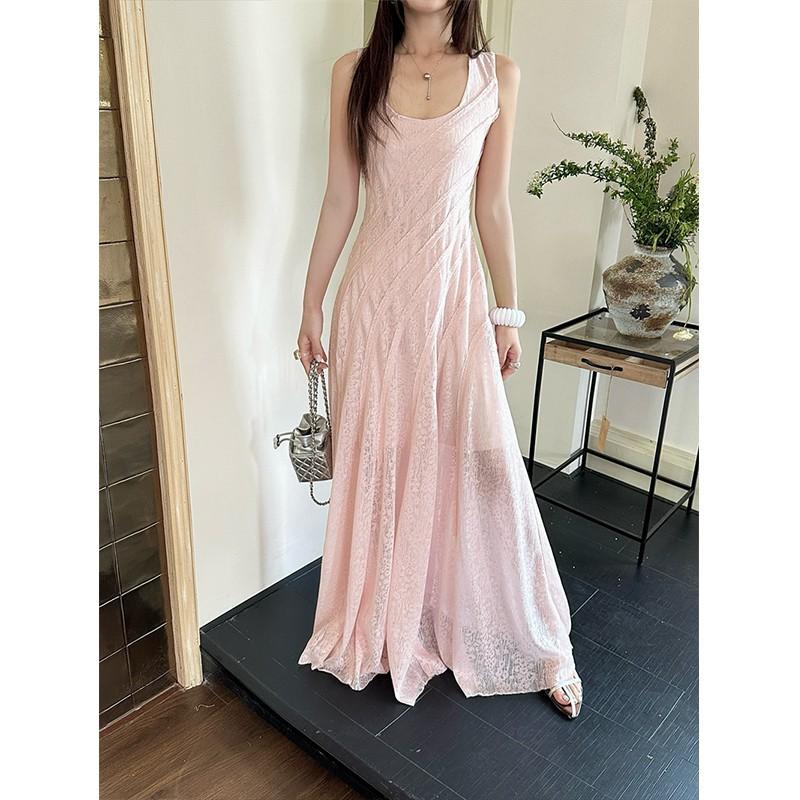 Pink u-neck sleeveless vest dress women's summer slim-fit waist lace skirt design Spice girl a-word long dress