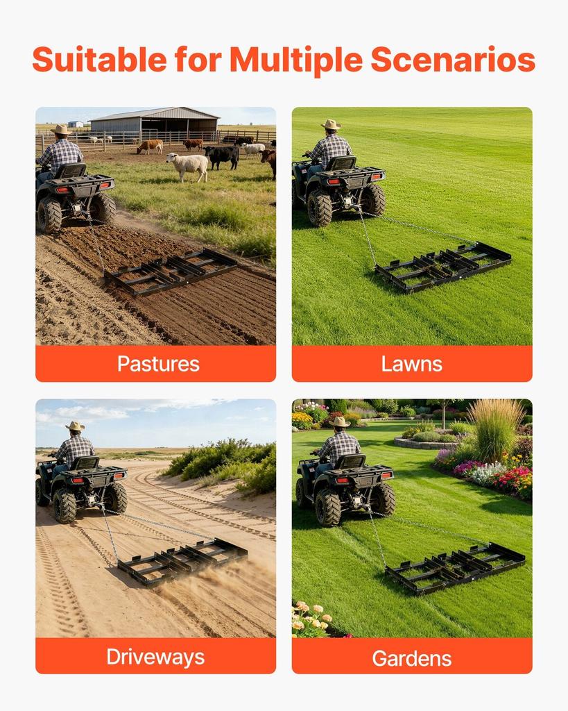 Drag Harrow, 122 X 50 Cm, Tow-Behind Driveway Grader with Adjustable Width & 50lbs Load Capacity, Heavy Duty Lawn Leveling Rake, Galvanized Steel